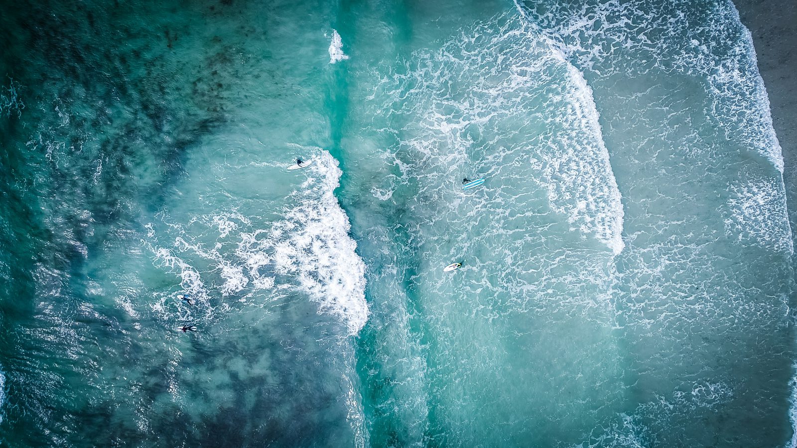 Surfers op zee, vlakbij een strand.